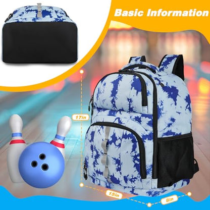 Goloni 2 Ball Bowling Backpack,Bowling Ball Bag with Shoe Compartment & Portective Foam Padded, Fits Shoes Up to US Size 16 - color: Blue Tie Dye