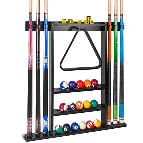 Black Pool Stick Holder, Wall Mount Pool Cue Rack ,Solid Wood Floor Stand for billiard cue sticks,Holds 6 Pool Cues & a Full Set of Balls,Professional Pool Table Accessories for Billiard Room or Club