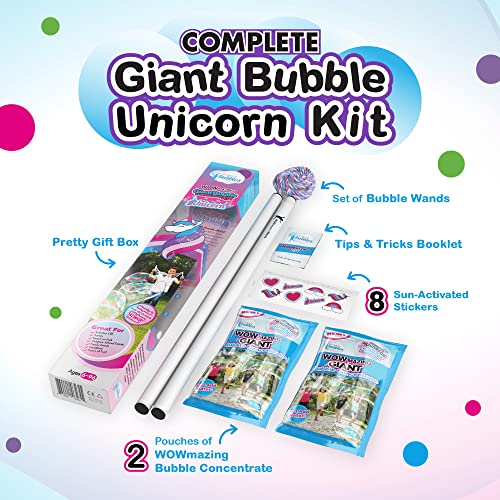 WOWMAZING Giant Bubble Kit: Unicorn - Incl. Wand, 2 Big Bubble Concentrate Pouches and 8 Sun-Activated Magical Stickers | Outdoor Toy for Kids, Girls | Bubbles Made in The USA - Unicorn Kit - style: Unicorn