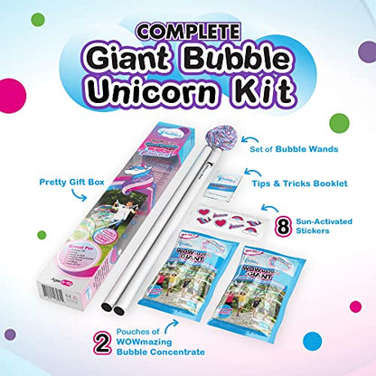 WOWMAZING Giant Bubble Kit: Unicorn - Incl. Wand, 2 Big Bubble Concentrate Pouches and 8 Sun-Activated Magical Stickers | Outdoor Toy for Kids, Girls | Bubbles Made in The USA - Unicorn Kit - style: Unicorn