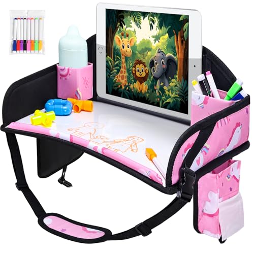 Kids Travel Tray, Car Seat Tray for kids Travel, Toddler Road Trip Essentials With Drawing Kit, Toddler Lap Desk Organizer for Car, Carseat Table for Airplane - color: Dark Pink