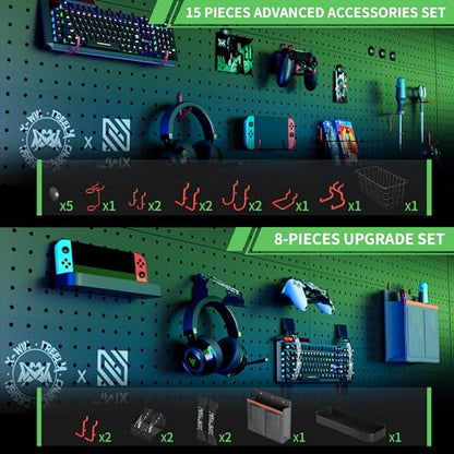 X-Win Gaming Free Standing Pegboard, Home Office Metal Standing Shelf Units for Desk, Floor Display Shelf Organizer with 28 Pieces Accessories for Bedroom