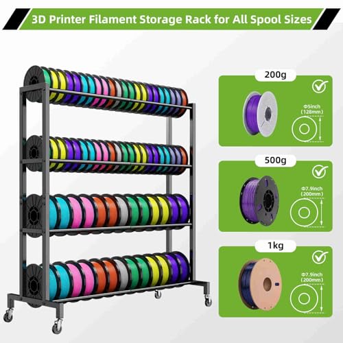 3D Printer Filament Storage Rack Stand, Rolling Filament Spool Holder Cart with Wheels, 4 Tier Expandable Heavy Duty Metal Shelf for 3D Printing Studio Workshop,1pcs Stand Only