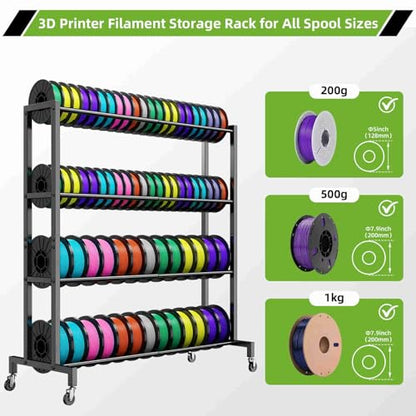 3D Printer Filament Storage Rack Stand, Rolling Filament Spool Holder Cart with Wheels, 4 Tier Expandable Heavy Duty Metal Shelf for 3D Printing Studio Workshop,1pcs Stand Only