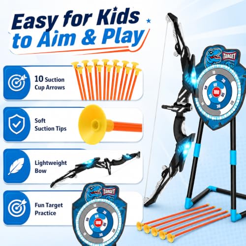 VROGTIK Kids Bow and Arrow Set, LED Light Up Archery Toy with Standing Target, 10 Suction Cup Arrows & Quiver, Indoor Outdoor Backyard Games, Birthday Gifts for Boys Girls Ages 3-12 - color: Blue