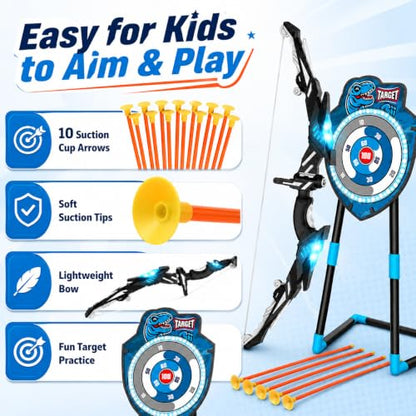 VROGTIK Kids Bow and Arrow Set, LED Light Up Archery Toy with Standing Target, 10 Suction Cup Arrows & Quiver, Indoor Outdoor Backyard Games, Birthday Gifts for Boys Girls Ages 3-12 - color: Blue