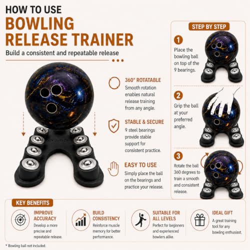 Bowling Release Trainer, Bowling Ball Spinner with 9 Bearings, Bowling Ball Release Trainer for Hook and Rev Practice, Curved Base Bowling Equipment with Anti-Slip Pads & Velvet Bag - color: Black