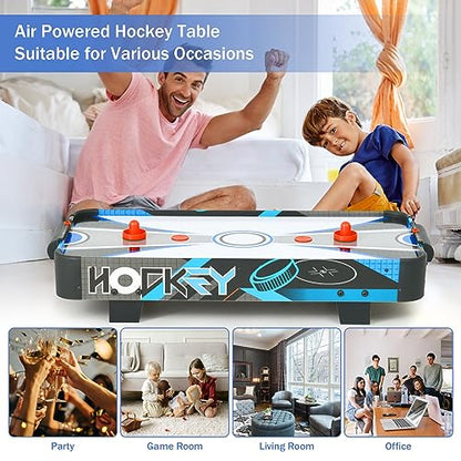 Table Top Air Hockey Table for Kids, 32” Mini Tabletop Air Hockey Game w/Electric Motor Fan, 2 Pushers and 2 Air Hockey Pucks, Great for Playing on The Floor, Tabletop (Blue & Gray)