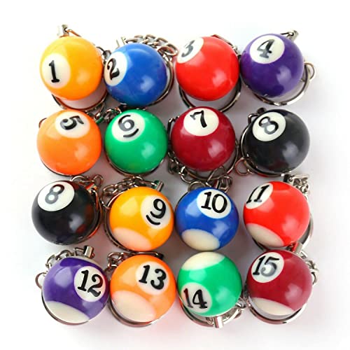 Colorful Billiard Ball 16 Pcs,Mini Key Chain Balls Eightball Billar Chains Accessories