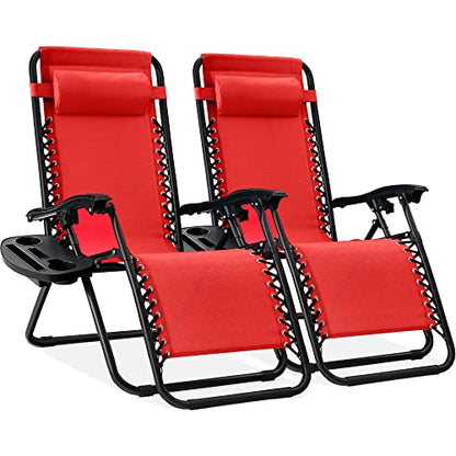 Best Choice Products Set of 2 Adjustable Steel Mesh Zero Gravity Lounge Chair Recliners w/Pillows and Cup Holder Trays - Crimson Red - color: Crimson Red, size: Standard