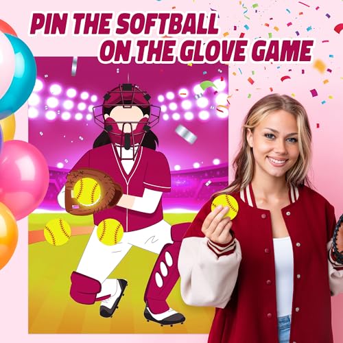 Pin The Softball on The Glove Game Poster with 24 Stickers Blindfolds Pink Softball Themed Party Decorations Supplies Fun Entertainment Classroom Activities for Sports Lovers Fans Kids Girls Birthday