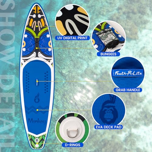 FEATH-R-LITE Inflatable Paddle Board Stand Up Paddleboards for Adults SUP with Premium Accessories Pump, Adjustable Paddle, Leash, Three Fins, Backpack - style: Blue Monkey