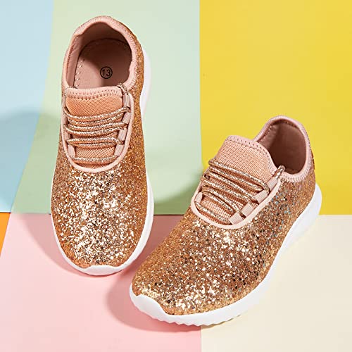 K KIP WOK Girls Glitter Sneakers Sparkle Slip On Walking Shoes for Kids/Children Breathable Running Sneakers - color: Rose Gold2, size: 4 Big Kid