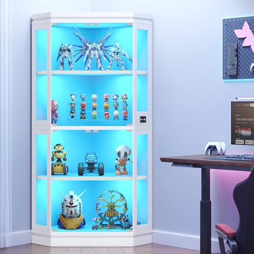 Jocoevol Corner Display Cabinet with 4 Glass Doors, 4-Tier Display Cases with RGB Lights for Collectibles, 67'' Tall Corner Curio Cabinet with Human Body Sensor for Living/Game Room (White)