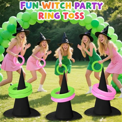 Leitee 25 Pcs Witch Hat Ring Toss Games Set Halloween Party Favors Pink and Green Party Decorations 5 Black Oxford Fabric Wizard Hats with 20 Inflatable Rings for Girls Women Birthday Movie