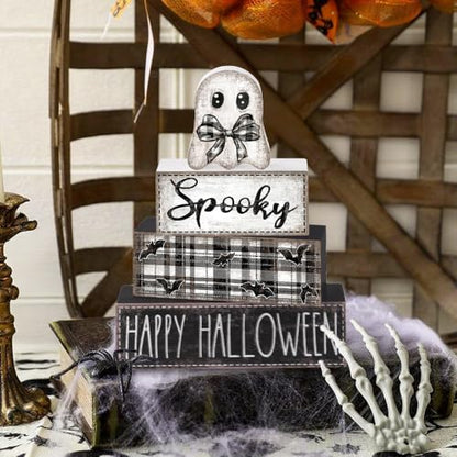 DIYDEC 4Pcs Halloween Table Decoration Happy Halloween Wooden Block Sign Ghost Rustic Tiered Tray Decor Centerpiece Sign for Farmhouse Holiday Tabletop Coffee Fireplace Shelf Desk Party Decor - style: Ghost