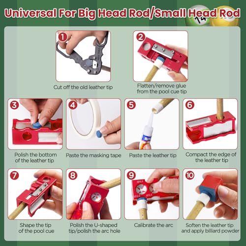 11-in-1 Aluminum Alloy Pool cue Tips Replacement kit,Pool cue tip Shaper,Professional Cue Stick Tool Kit,Pool cue Shaper Accessories for Replacement and Shaping Cue Tips (Red)