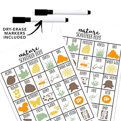 Nature Scavenger Hunt Games for Kids, Outdoor, Birthday Party, Road Trip, Travel Activities, Includes 10 Dry Erase Markers and Cards, Family Game Night