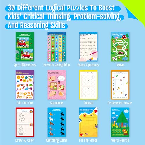 SpriteGru Logic Puzzles Game Pad, 30 Reusable & Erasable Logical Thinking Games, Dry Erase Brain-Boosting Puzzle Activities Book for Kids, Educational Toy for Road Trip, Airplane & Car Travel - style: Logic Puzzles