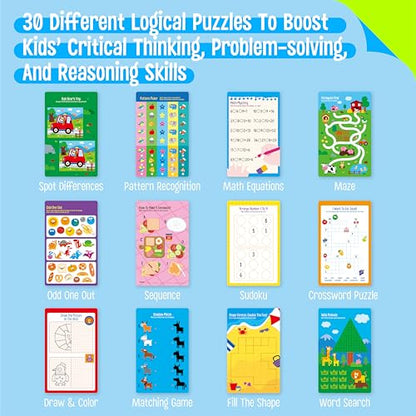 SpriteGru Logic Puzzles Game Pad, 30 Reusable & Erasable Logical Thinking Games, Dry Erase Brain-Boosting Puzzle Activities Book for Kids, Educational Toy for Road Trip, Airplane & Car Travel - style: Logic Puzzles