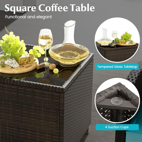 Tangkula 5 Pieces Patio Conversation Set, PE Wicker Outdoor Furniture Set with 2 Chairs, 2 Ottomans & Tempered Glass Coffee Table, Ideal for Poolside, Backyard, Lawn, Deck, Mix Brown & Turquoise - color: Mix Brown & Turquoise