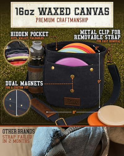 Disc Golf Bag | Frisbee Golf Bag | Easy to Carry | Lightweight Fits Up to 10 Discs | 16 oz Waxed Canvas Sturdy Design | Belt Loop | Double Button Design | Bottle Holder - style: Waxed Canvas / Leather - Black