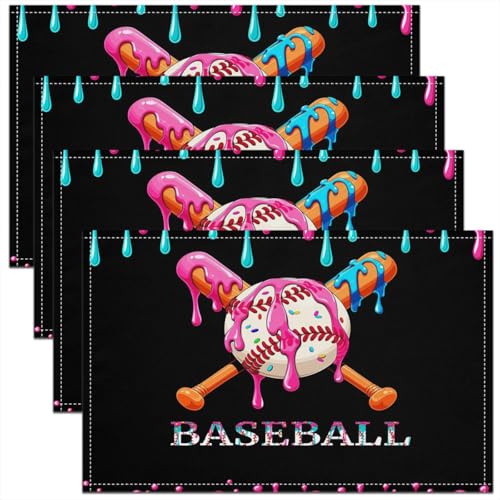Ice Cream Drip Baseball Kids Placemats Set of 4,Baseball Bat Dessert Macaron Table Place Mats,Ball Sport Game Competition Kitchen Decor,Pink Black Placemat Kitchen Table Decoration 12"x18" - color: Pink Black
