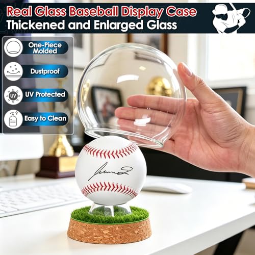 Real Glass Baseball Display Case - UV Protected Dome Tabletop Box with Cork Base & Faux Grass for a Single Official, Signed or Game-Used Baseball (Cloche Dome)
