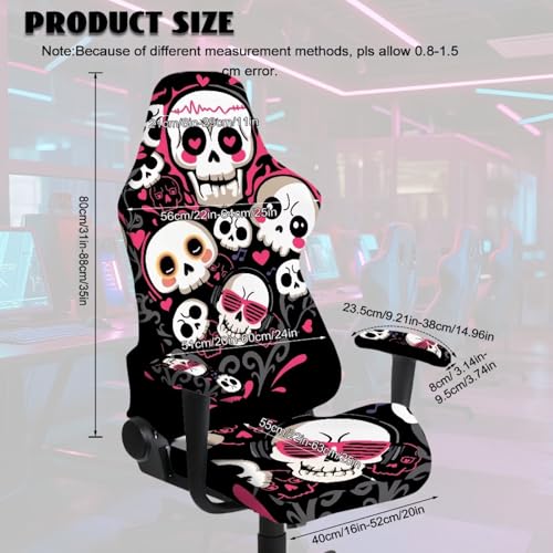 Skull Print Gaming Chair Covers with Armrest Covers Dust-Proof Universal Fit Gamer Desk Chair Cover for Ergonomic Game Rotating Office Chairs, Easy to Install - color: Black and White - Skull