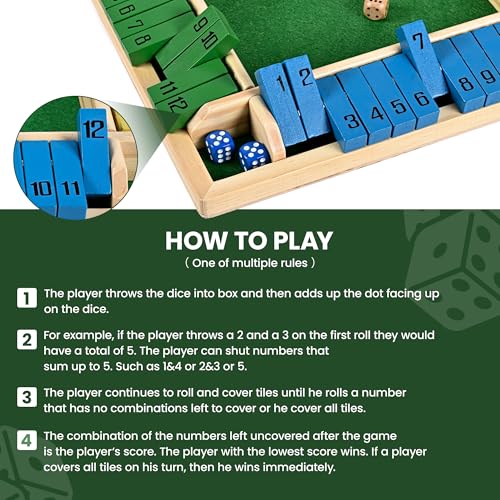 ropoda 12 Inches 4-Way Shut The Box Dice Board Game (2-4 Players) for Kids & Adults [4 Sided Large Wooden Board Game, 8 Dice + Shut-The-Box Rules] Smart Game for Learning Addition - size: 12in-Classic