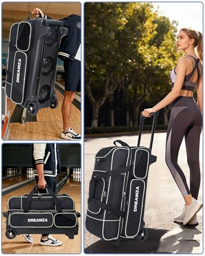 3 Ball Bowling Bags with Wheels & Shoe Pocket, Premium Bowling Ball Bag 3 Ball Roller, Effortless-Rolling 3 Ball Bowling Bag w/Multi-Storage Pockets & Telescopic Handle Extends to 40'' - color: Black