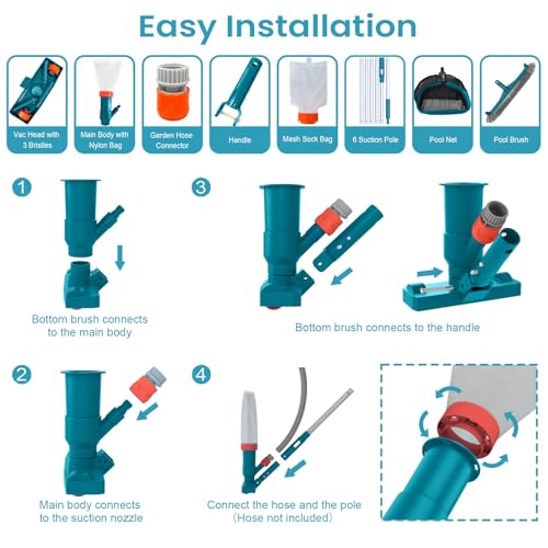 Above Ground Pool Cleaning Kit with Garden Hose Pool Vacuum, Aluminum Frame Leaf Rake Net, Wall Brush and 8Ft Pole for Remove Leaves & Debris