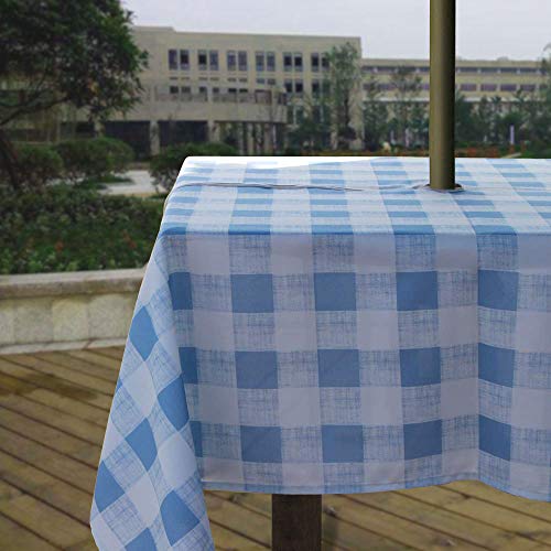 Melaluxe Spring/Summer Wrinkle-Free Waterproof Outdoor Tablecloth with Umbrella Hole and Zipper, Blue Checkered, 60-Inch-by-84 Rectangle - color: Blue Checkered, size: 60" x 84" (Rectangular)