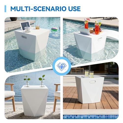 Modern Assemble-Free Outdoor Side Table, Pool Side Table for Inside Pool or on Patio, Lounger Table with 2 Cup Holders * 1 Tablet Holder, White