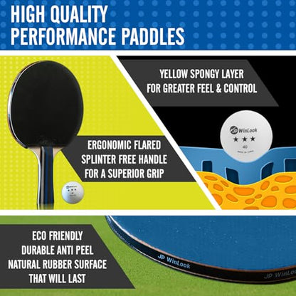 JP WinLook Ping Pong Paddles Sets - Portable Table Tennis Paddle Set with Ping Pong Paddles Professional Case & Ping Pong Balls - Premium Table Tennis Racket Player Set for Indoor & Outdoor Games - style: Black/Blue 2 Paddle Set