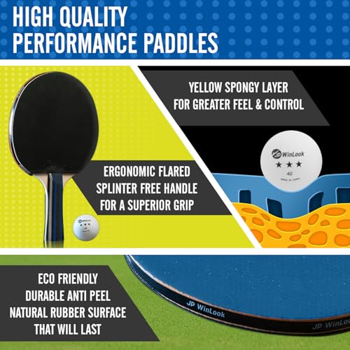 JP WinLook Ping Pong Paddles Sets - Portable Table Tennis Paddle Set with Ping Pong Paddles Professional Case & Ping Pong Balls - Premium Table Tennis Racket Player Set for Indoor & Outdoor Games - style: Black/Blue 4 Paddle Set