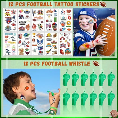 134 Pcs Football Party Favors Set 12 Silicone Bracelet 12 Whistles 12 Keychains 12 Slap Bracelet 12 Tattoo Stickers 12 Plastic Straws 12 Gift Bags 50 Football Stickers for Football Party Supplies