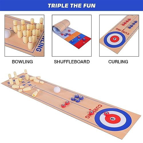 3 in 1 Tabletop Shuffleboard, Mini Curling and Bowling Game Set, Portable Family Game for Adults and Kids Indoors and Outdoors Table Top Games