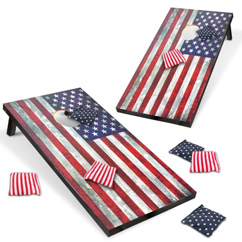 Cornhole Board Set 4x2 Regulation Size Cornhole Set with Carrying Bags & 8 Bean Bags Corn Hole Boards Bean Toss Game for Adults Family Outdoor Lawn Outside Backyard Games - color: American Flag