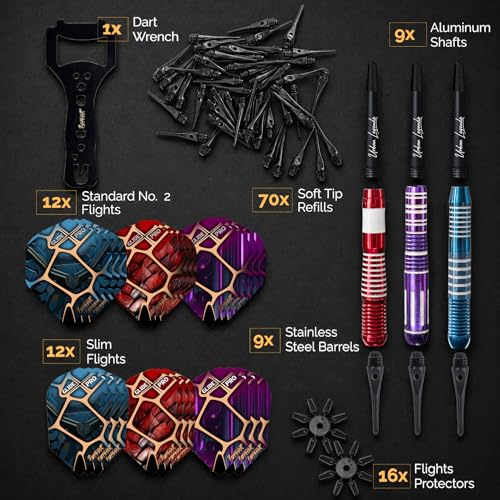 IgnatGames Soft Tip Darts Set for Electronic Dartboards, 9 Pack 18g Stainless Steel, Multi-Zone Grip, 70 Spare Tips, Magnetic Case & Companion App - color: 18g LA Starlight