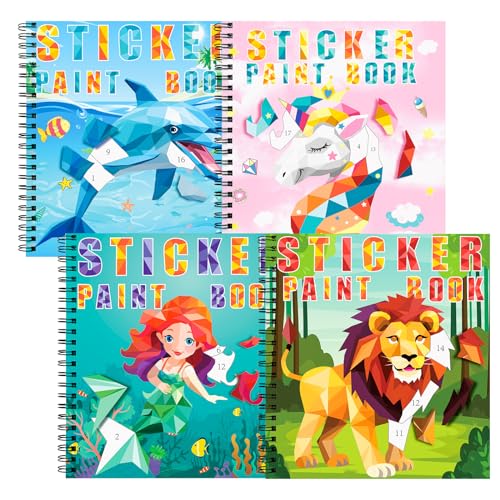 homicozy 4PCS Sticker Paint Books for Kids Ages 4-10,Unicorn Mermaid Animals Designs Paint By Stickers,Sticker By Numbers,Party Birthday Gifts for Girls 4-10,Create 40 Pictures One Stickers at A Time - style: Style1-4PCS