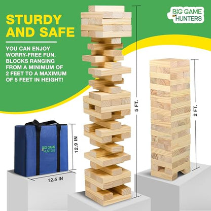 Garden Games Big Game Hunters Giant Tumble Towers, 58 Piece Wooden Block Game, 5 ft. Tall Stacking Backyard Indoor Outdoor Game for Kids Adults Family, Jumbo Splinter Resistant Blocks