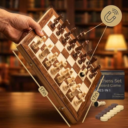 Wooden Magnetic Chess Set & Checkers Board Game, 17” Foldable Chess Board | Solid Wood 2-in-1 Board Game for Adults with Storage Box, 2 Extra Queens, Portable Travel Chess Set for Kids & Beginners - size: XL (17" x 17")
