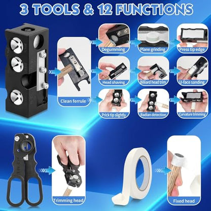 Billiards Pool Cue Tip Shaper, Pool Cue Tips Replacement Kit, Pool Cue Shaper, Pool Cue Tip Tool, Pool Cue Tips Repair Tool for Replacement and Shaping Cue Tips - color: Black 10 in 1