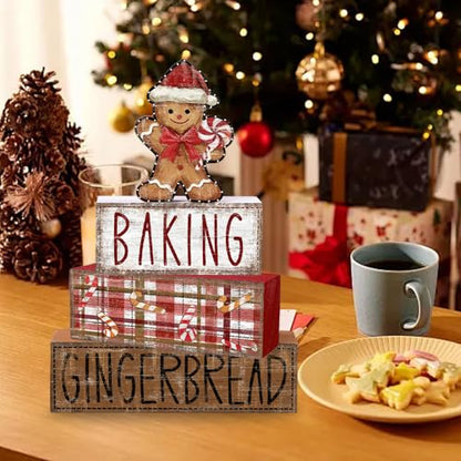 DIYDEC 4Pcs Christmas Table Decoration Gingerbread Man Wooden Block Sign Christmas Tiered Tray Decor Centerpiece Decorative Sign for Xmas Holiday Tabletop Coffee Fireplace Shelf Desk Party Decor - style: Gingerbread Man