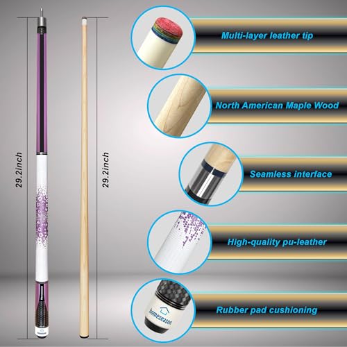 HomeSeason 58in 2-Piece Pool Cue, 18/19/20/21oz Professional Maple Billiards Stick 3D Printed Lizard Grip with Case, 12.5mm Tip Stainless Steel Quick Screw - color: 18oz(Purple)