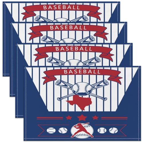 Erosebridal Baseball Place Mats Set of 4,Baseball City Table Mats Texas Placemats, Sports Player Game Place Mat, Oil Proof Washable - color: Blue Red, Texas