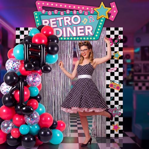 Peryiter 87 Pcs 50's Retro Diner Party Decorations Set Checkerboard Backdrop Banner Fringe Curtain Balloon Arch Kit with Music Note Toppers 1950s Rock Roll Supplies for Birthday Sock Hop Party - style: 50's