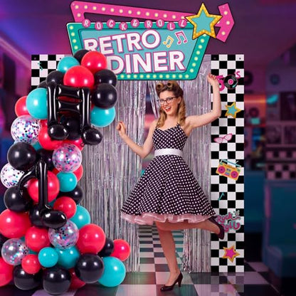 Peryiter 87 Pcs 50's Retro Diner Party Decorations Set Checkerboard Backdrop Banner Fringe Curtain Balloon Arch Kit with Music Note Toppers 1950s Rock Roll Supplies for Birthday Sock Hop Party - style: 50's