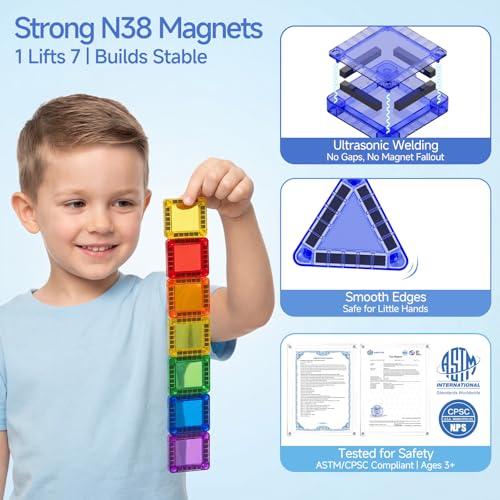 WMXDU 60 PCS Magnetic Tiles Travel Set for Kids, Portable Magnetic Building Blocks with Tin Box, Car Rides Airplane Road Trip Activities, Birthday Gift for Boys - style: 60pcs-Blue